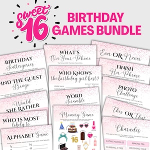 Puede incluir: Un conjunto de juegos de fiesta de cumpleaños Sweet 16 en rosa y blanco. El paquete incluye juegos como "Scattergories", "Bingo", "Would She Rather" y "Alphabet Game". El texto "Birthday Games Bundle" se muestra en rosa.