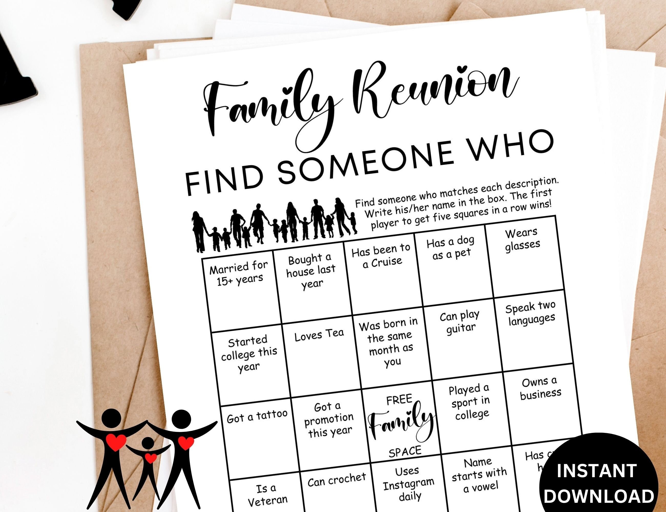 Family reunion bingo, Find someone who family reunion game, Get to know you Icebreaker game activity, Mix and mingle bingo