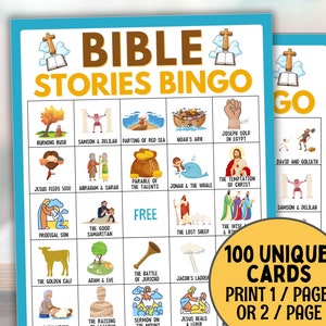 Bibel Bingo, Bibelgeschichten Bingokarten 100, Bibelspiele für Kinder, Bibelarbeit, Sonntagsschule, Christliche Spiele, Bibelaktivitätskirche, Bingo,