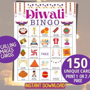 Op de afbeelding: Een Diwali Bingo-spelkaart met kleurrijke illustraties van traditionele Indiase items zoals olielampen, goudsbloemen en vuurwerk. De kaart bevat de tekst "Diwali Bingo", "45 Calling Images Cards", en "150 Unique Cards Print 1 or 2 / Page".