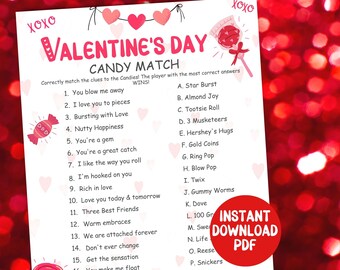 Valentines Day Candy Match Game, Candy trivia game, Printable Valentines Games for Kids, Adults Valentines Party Game, Galentines Day Games