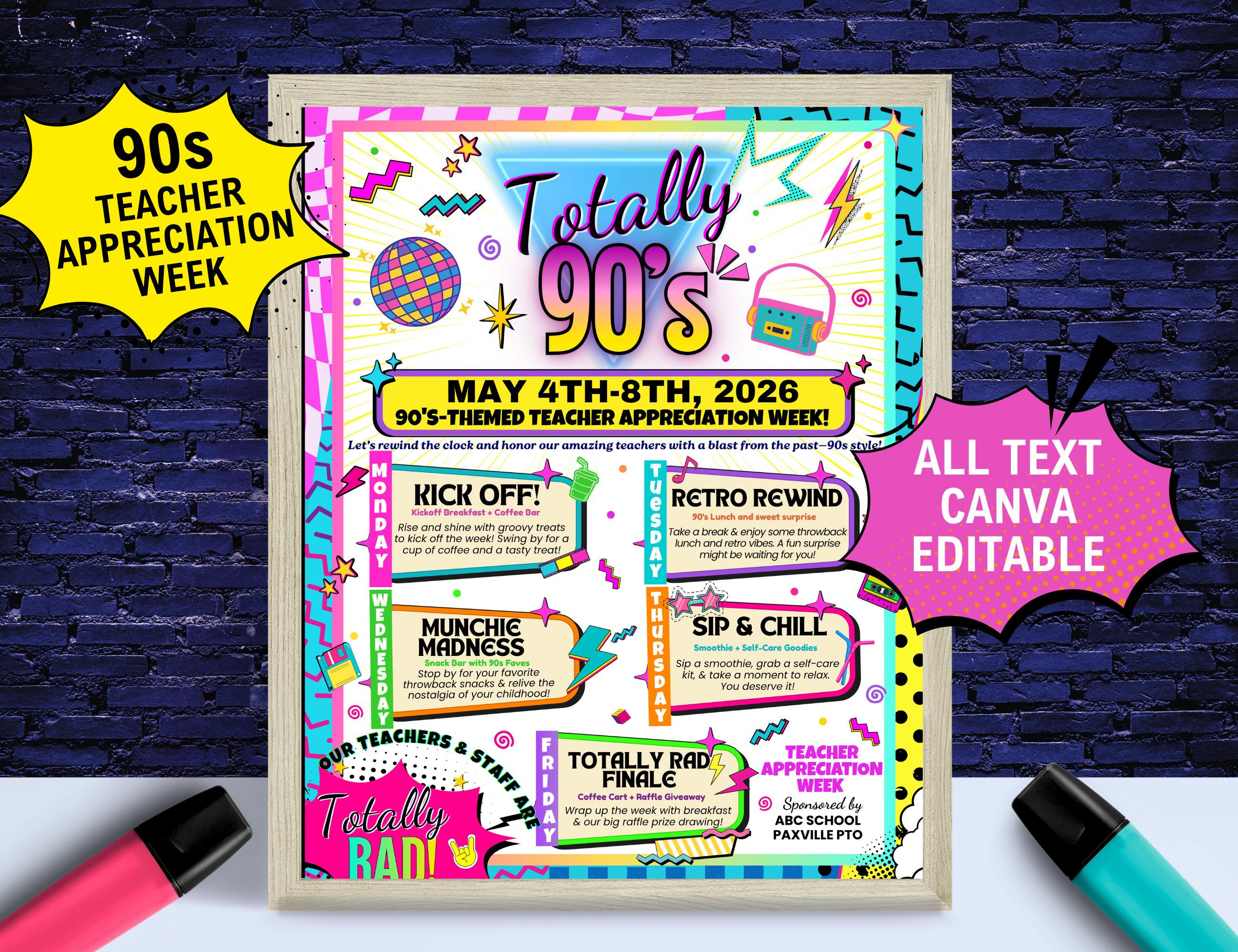 90s Teacher Appreciation Week Theme Flyer Template Canva Editable ...