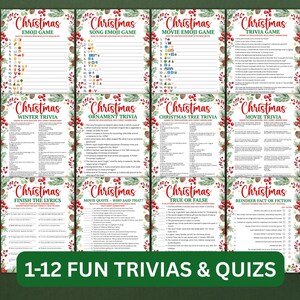 May include: A collection of twelve Christmas trivia and quiz games. Each game sheet features a festive border with holly and berries. The titles include "Emoji Game," "Trivia Game," and "True or False." The text "1-12 FUN TRIVIAS & QUIZS" is displayed.