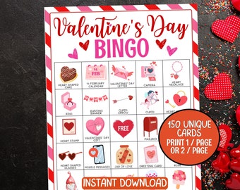 150 Valentines bingo cards, Valentine day bingo for kids & adults, Printable Valentines day games, Valentines party game, Classroom bingo