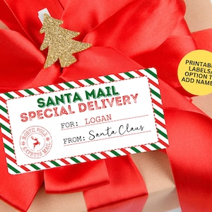 Puede incluir: Un regalo envuelto en papel marrón y atado con una cinta de raso roja. Se adjunta una etiqueta de "Santa Mail Special Delivery", con espacio para un nombre. También hay una decoración de árbol de Navidad dorada.