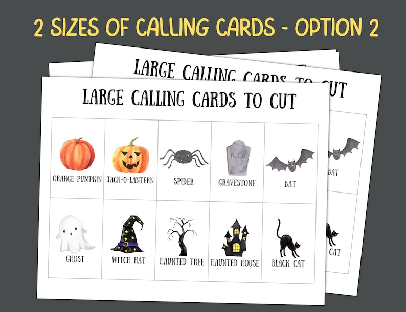 May include: A printable set of Halloween calling cards featuring images of a pumpkin, jack-o-lantern, spider, gravestone, bat, ghost, witch hat, haunted tree, haunted house, black cat, and cat. The text "LARGE CALLING CARDS TO CUT" is printed at the top of the page.