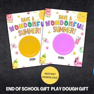 Carte de pâte à modeler d'été imprimable, cadeau de fin d'année pour les étudiants camarades de classe, étiquette cadeau Play Doh, cadeau d'été pour la maternelle