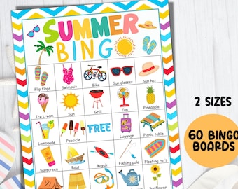 Summer Bingo, Summer Party Games, 60 Unique Bingo Cards, Fun Summer Activities Kids, Summer School Camp Pool Birthday Party, Bingo printable