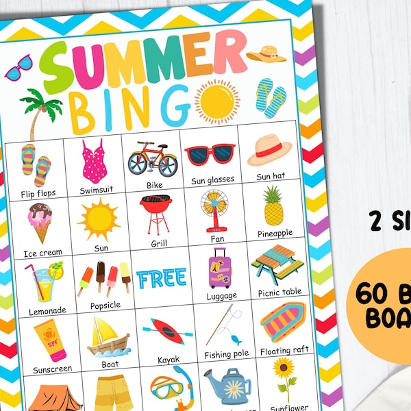 Summer Bingo, Summer Party Games, 60 Unique Bingo Cards, Fun Summer Activities Kids, Summer School Camp Pool Birthday Party, Bingo printable