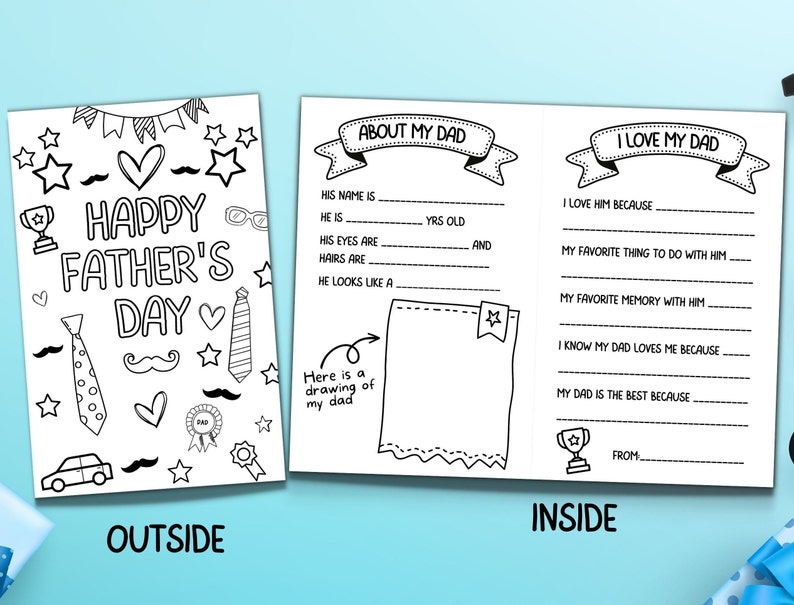 Printable Coloring Happy Fathers Day Card, All About Dad Fill in the blank Kids Coloring Page, DIY Fathers Day Gift From Kids Activity Card