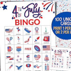 Gioco del Bingo del 4 luglio, 100 cartelle del Bingo del 4 luglio stampabili, Giorno dell'Indipendenza, Giochi per feste del 4 luglio, Attività per bambini, Celebrazioni
