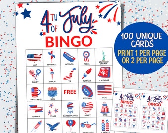 4th of July Bingo Game, 100 Fourth of July Bingo Cards Printable, Independence Day, 4th of July Games, Kids Activities, 4th of July Party