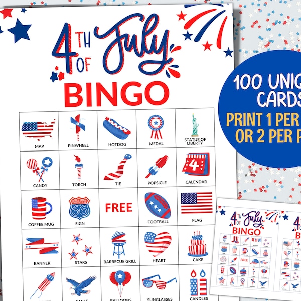 4th of July Bingo Game, 100 Fourth of July Bingo Cards Printable, Independence Day, 4th of July Party Games Kids Activities Celebrations