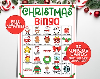 May include: A Christmas Bingo game sheet with a red and green border. The title "Christmas Bingo" is in large green letters. The game includes illustrations of Santa, reindeer, and other holiday-themed images. Two red circles with text are also present.