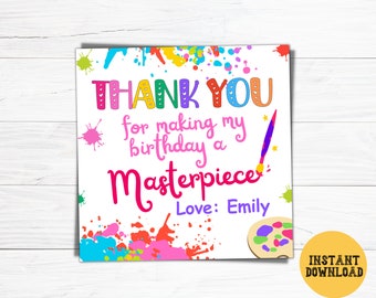 May include: A white thank you card with colorful paint splatters and a paint palette. The text reads "THANK YOU for making my birthday a Masterpiece Love: Emily".