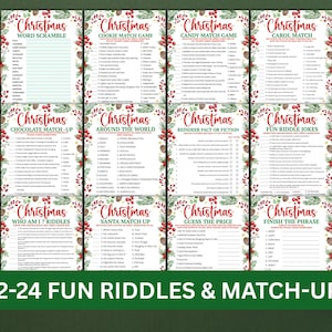 May include: A collection of Christmas-themed game sheets with titles like "Word Scramble," "Cookie Match Game," and "Fun Riddle Jokes." The sheets are decorated with festive borders and the text "12-24 FUN RIDDLES & MATCH-UPS" is at the bottom.