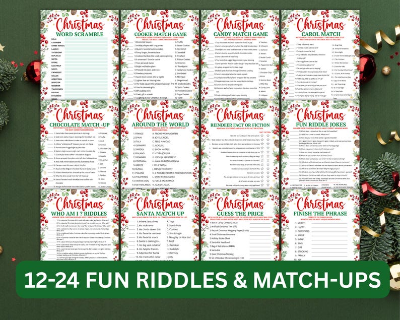 May include: A collection of Christmas-themed game sheets with titles like "Word Scramble," "Cookie Match Game," and "Fun Riddle Jokes." The sheets are decorated with festive borders and the text "12-24 FUN RIDDLES & MATCH-UPS" is at the bottom.