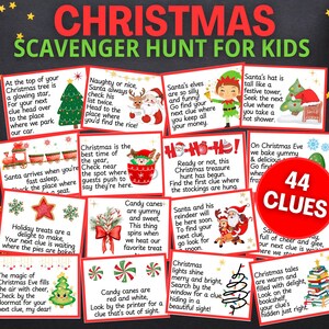 以下が含まれることがあります： 子供向けのクリスマス宝探しゲームで、44個の手がかりがあります。「サンタの帽子は高いお祭りタワーのよう」や「キャンディケインは美味しくて甘い」などのお祝いのプロンプトが記載されたイラスト付きカードが含まれています。