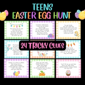 May include: A colorful Easter-themed game board with the text "TEENS EASTER EGG HUNT" and "24 TRICKY CLUES." The board features illustrated clues with riddles and Easter eggs, designed for a fun Easter activity.