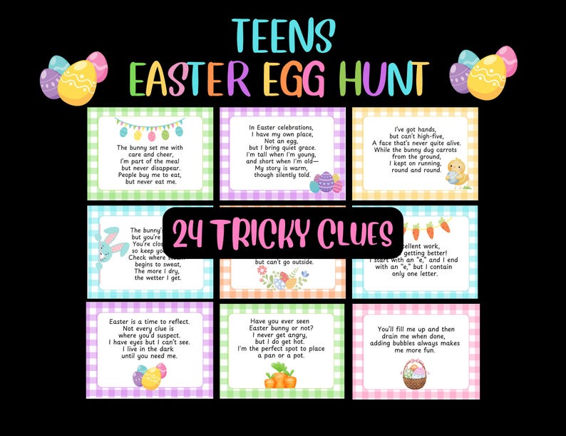 May include: A colorful Easter-themed game board with the text "TEENS EASTER EGG HUNT" and "24 TRICKY CLUES." The board features illustrated clues with riddles and Easter eggs, designed for a fun Easter activity.