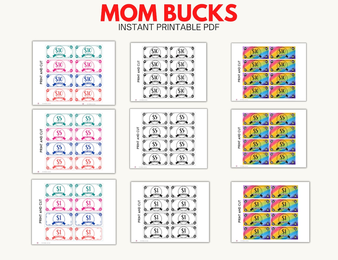 Mom Bucks Printable, Behavior Bucks, Chore Bucks, Kids Reward System ...
