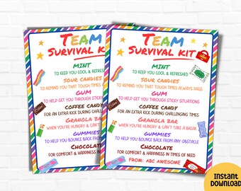 Team survival kit gift tag, Staff appreciation tag, Employee appreciation, Cheer Welcome to team gift, Coworker gift Candy gift basket ideas