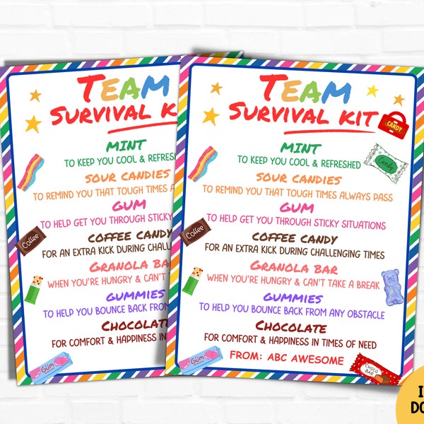 Team survival kit gift tag, Staff appreciation tag, Employee appreciation, Cheer Welcome to team gift, Coworker gift Candy gift basket ideas