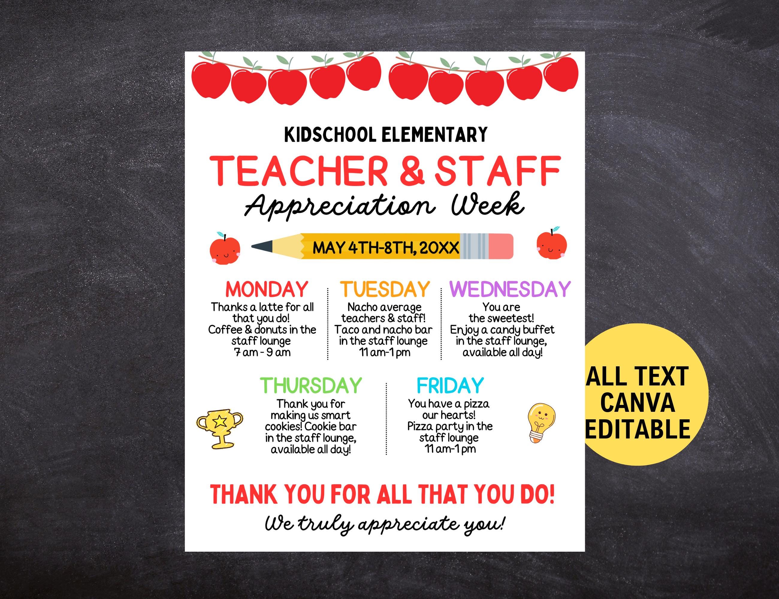Teacher Appreciation Week Flyer Template, Canva Editable Itinerary ...