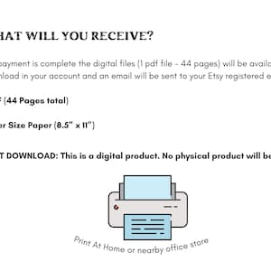 May include: White graphic with text: "WHAT WILL YOU RECEIVE?" and details about a digital PDF file, including the number of pages, paper size (8.5" x 11"), and a printer icon. The text also states "INSTANT DOWNLOAD".