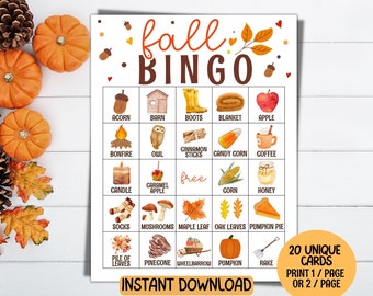 Fall Bingo Printable, Fall Games, Autumn Bingo Printable, 20 Fall Bingo Cards, Fall Party,  Autumn Games For Kids Class Party Game Activity