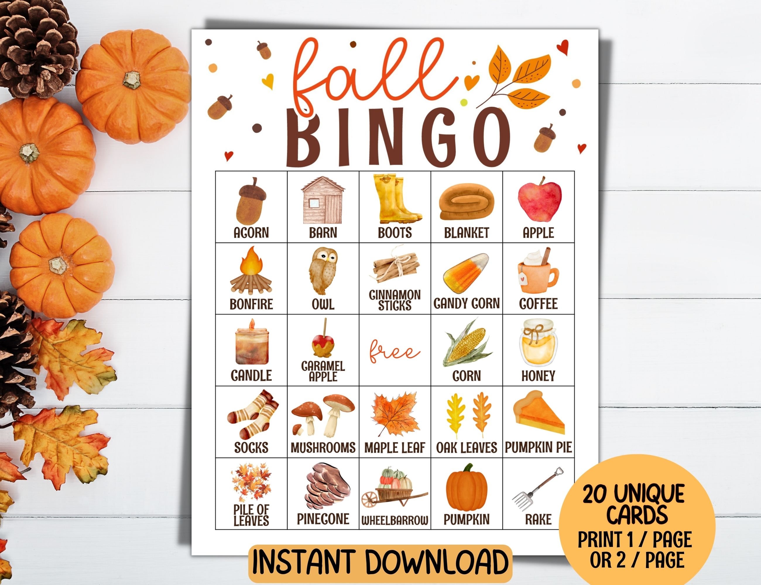 20 Fall Bingo Cards, Fall Games, Autumn Bingo Printable, Easy Fall