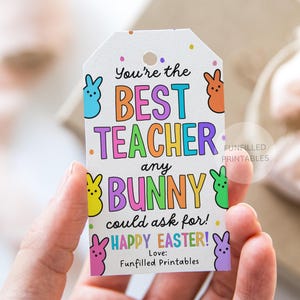 Puede incluir: Una etiqueta de regalo imprimible colorida con un conejito y el texto "You're the BEST TEACHER any BUNNY could ask for! HAPPY EASTER!"
