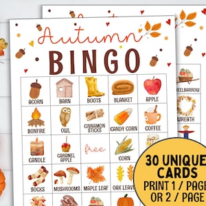 Op de afbeelding: Twee vellen Autumn Bingo-kaarten met aquarel illustraties van herfstthema's zoals eikels, pompoenen en bladeren. De kaarten hebben de tekst "Autumn Bingo" en bevatten de tekst "30 Unique Cards Print 1/page or 2/page".