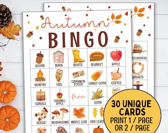 May include: Two sheets of Autumn Bingo cards with watercolor illustrations of fall-themed items like acorns, pumpkins, and leaves. The cards have the text "Autumn Bingo" at the top and include the text "30 Unique Cards Print 1/page or 2/page".