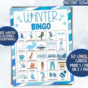 50 tarjetas de bingo de invierno para imprimir, actividad de invierno para niños, juego de fiesta de invierno para niños y adultos, juego de invierno para grupos grandes