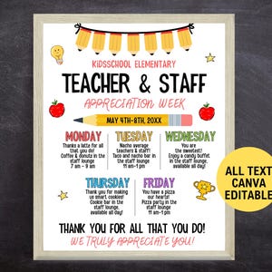 Editable Teacher Appreciation Week Itinerary Poster/ Flyer Template, Printable Teachers Staff Appreciation Week Template, Appreciation Flyer