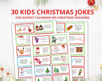 May include: A collection of Christmas-themed joke cards for kids. Each card features a colorful border and a Christmas-related joke with illustrations. The text "30 KIDS CHRISTMAS JOKES" is displayed at the top, suitable for advent calendars or Christmas crackers.