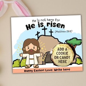 Puede incluir: Una tarjeta de Pascua con el texto "He is risen" y una ilustración de Jesús. La tarjeta incluye el texto "Add a cookie or candy here" y "Happy Easter! Love: Write here."