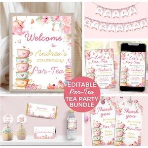 May include: A collection of pink and gold tea party themed party supplies. Includes a framed sign that says "Welcome to Andrea's 12th Birthday Par-Tea", invitations, banners, cupcake toppers, and water bottle labels.