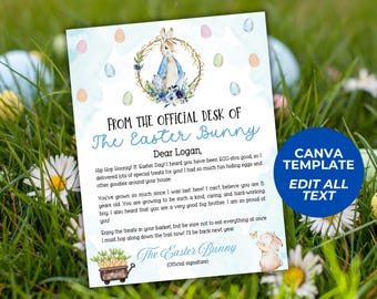 Easter Bunny Letter Printable Editable, Personalized Letter From Easter Bunny, Kids Easter Basket Gift,  Easter Bunny Note, Coming Letter