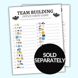 K&ouml;nnte beinhalten: Ein druckbares Teambuilding-Spiel mit 23 Emoji-R&auml;tseln. Das Spiel hei&szlig;t "Office Emoji Game" und die Anweisungen lauten: Erraten Sie den B&uuml;rospruch, der durch die Symbole unten dargestellt wird. Die meisten richtigen Antworten gewinnen! Das Spiel wird separat verkauft.
