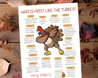 May include: Thanksgiving-themed game card titled "Who Is Most Like The Turkey?" with a cartoon turkey illustration. The card features point-based questions about Thanksgiving traditions and attire, with a wooden background and autumn leaves.