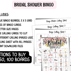 Puede incluir: Juego de bingo de despedida de soltera imprimible con un dise&ntilde;o floral rosa y blanco. El juego incluye 40 im&aacute;genes de llamada diferentes, una hoja de llamada maestra y tarjetas de bingo. El texto "Bridal Bingo" aparece en la tarjeta de juego.