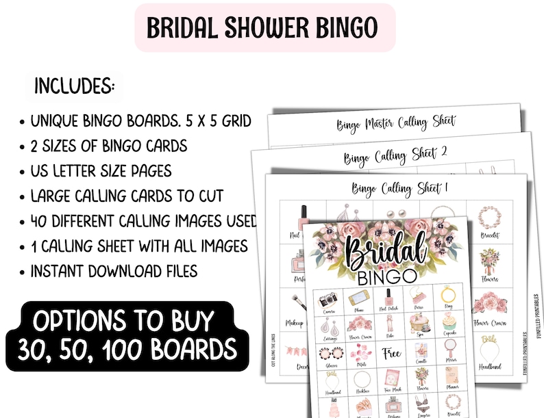 Puede incluir: Juego de bingo de despedida de soltera imprimible con un dise&ntilde;o floral rosa y blanco. El juego incluye 40 im&aacute;genes de llamada diferentes, una hoja de llamada maestra y tarjetas de bingo. El texto "Bridal Bingo" aparece en la tarjeta de juego.