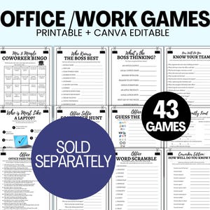 May include: A collage of printable office games for colleagues. The games include "Mix & Mingle Coworker Bingo", "Who Knows the Boss Best", "What's the Boss Thinking?", "How Well Do You Know Your Team", "Who is Most Like a Laptop?", "Office Selfie Scavenger Hunt", "Office Guess the Emoji", "Office Word Scramble", and "Coworker Edition: How Well Do You Know Me?" The text "43 Games" is in a large circle in the centre of the collage.