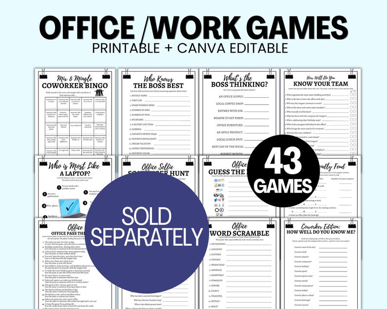 May include: A collage of printable office games for colleagues. The games include "Mix & Mingle Coworker Bingo", "Who Knows the Boss Best", "What's the Boss Thinking?", "How Well Do You Know Your Team", "Who is Most Like a Laptop?", "Office Selfie Scavenger Hunt", "Office Guess the Emoji", "Office Word Scramble", and "Coworker Edition: How Well Do You Know Me?" The text "43 Games" is in a large circle in the centre of the collage.