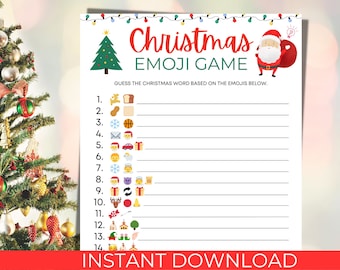 May include: A printable Christmas Emoji Game with a festive design. The game features a Christmas tree, Santa Claus, and strings of lights. The game challenges players to guess Christmas-related words based on emojis. The words are listed with blank lines for answers.