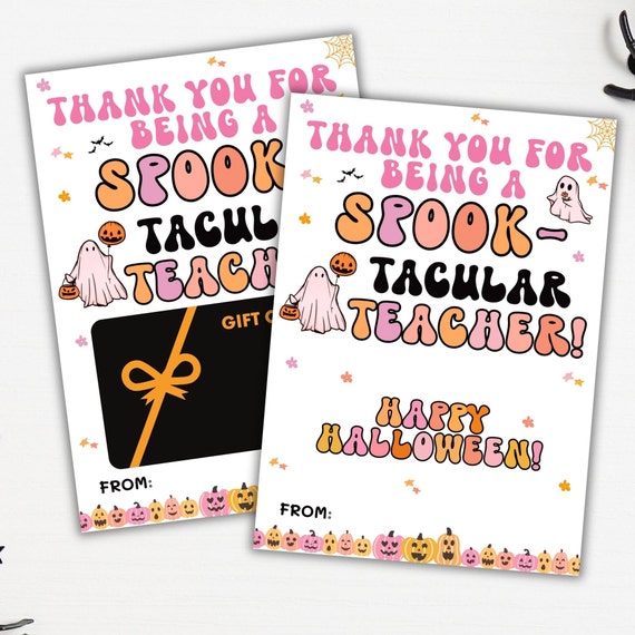 Halloween Teacher Gift Card Holder Printable, Spooktacular Teacher Halloween Gift Card Holder, Happy Halloween Teacher Thank you, Retro Pink