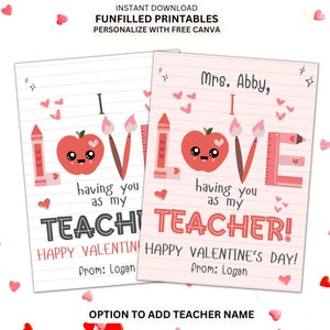 Afdrukbare leraar Valentijnsdag kaart, leraar valentijnskaart leraar klas, DIY Valentijnscadeau leraar, ik hou ervan jou als leraar te hebben