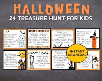 May include: A Halloween-themed printable featuring 24 treasure hunt clues for kids. The orange and black design includes illustrations of ghosts, pumpkins, and haunted houses, with the words "Halloween" and "Instant Download" prominently displayed.